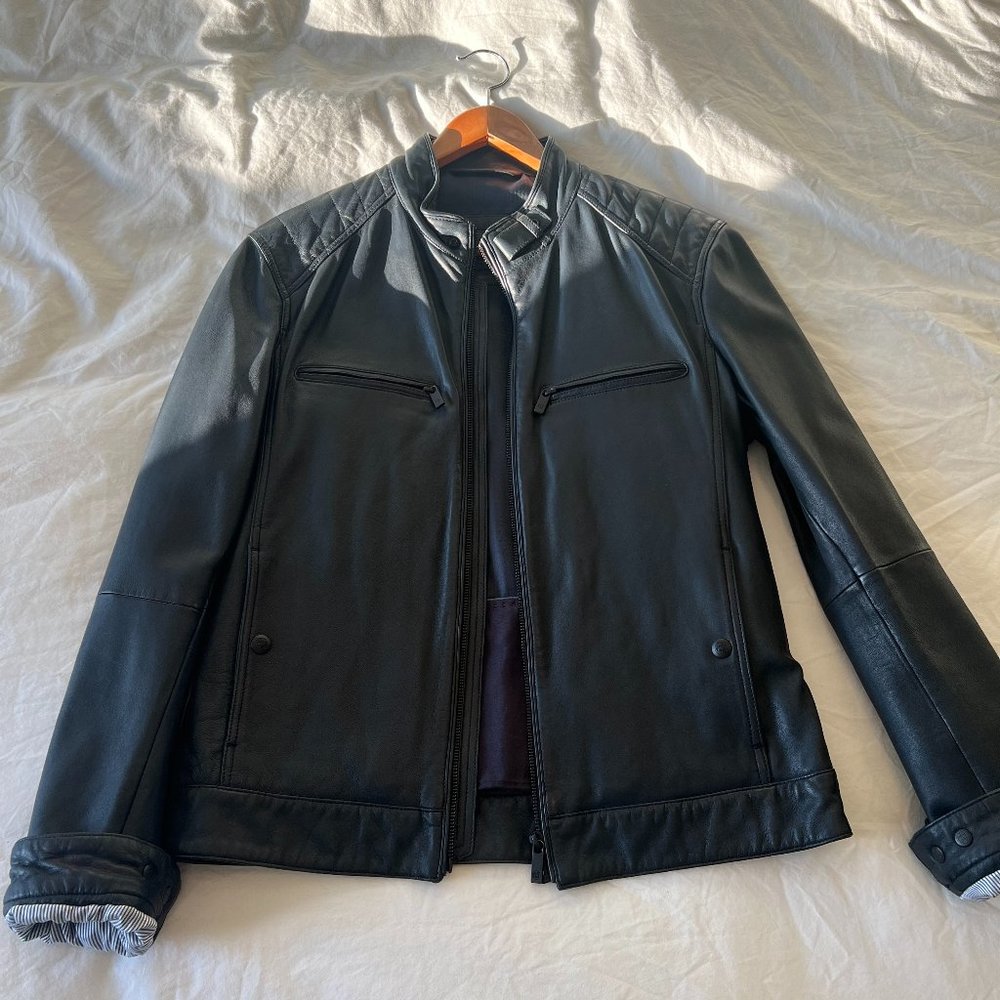 Massimo Dutti Blue Nappa Leather Jacket